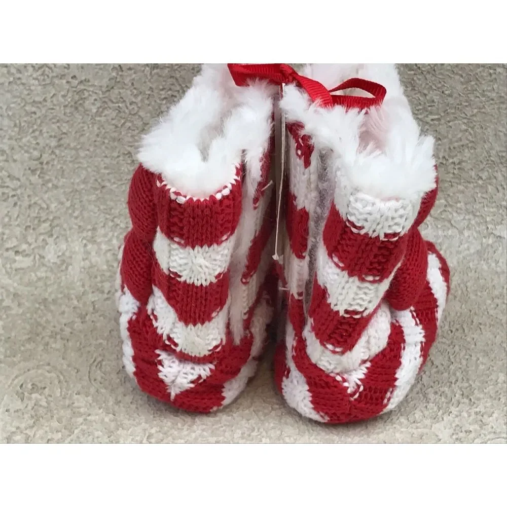 Mudpie Baby Booties 0-6 Months Red White Stripe‎ Cable Knit Shoes 2010 New